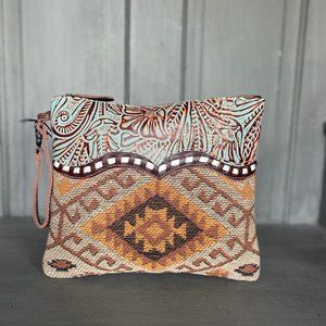 Myra Genuine Embossed Leather and Rug Crossbody Wristlet